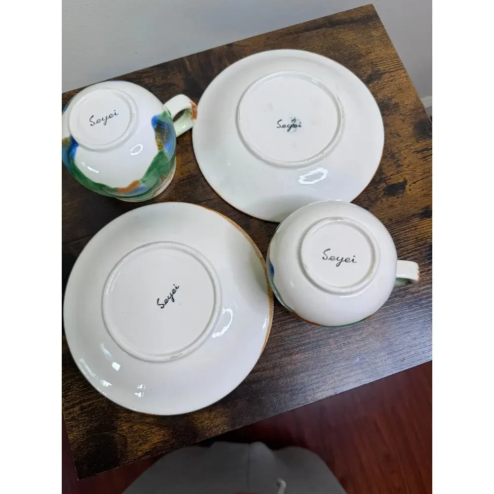 Vintage Set Of Two Hand painted Seyei Ceramic Tea/Coffee Cups With Saucers